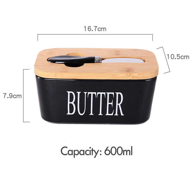 Ceramic Butter Box Cheese Storage Sealing Dish Tray With Wood Lid Knife Food Dish Butter Keeper Tool Plate Container For Kitchen: Black With Letters