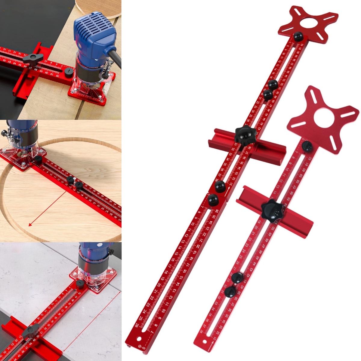 Support de rainure de fraisage de routeur 3 en 1, gabarit de coupe circulaire de routeur à rayon de 9 à 61cm, gabarit de matériel d'armoire en aluminium pour le travail du bois