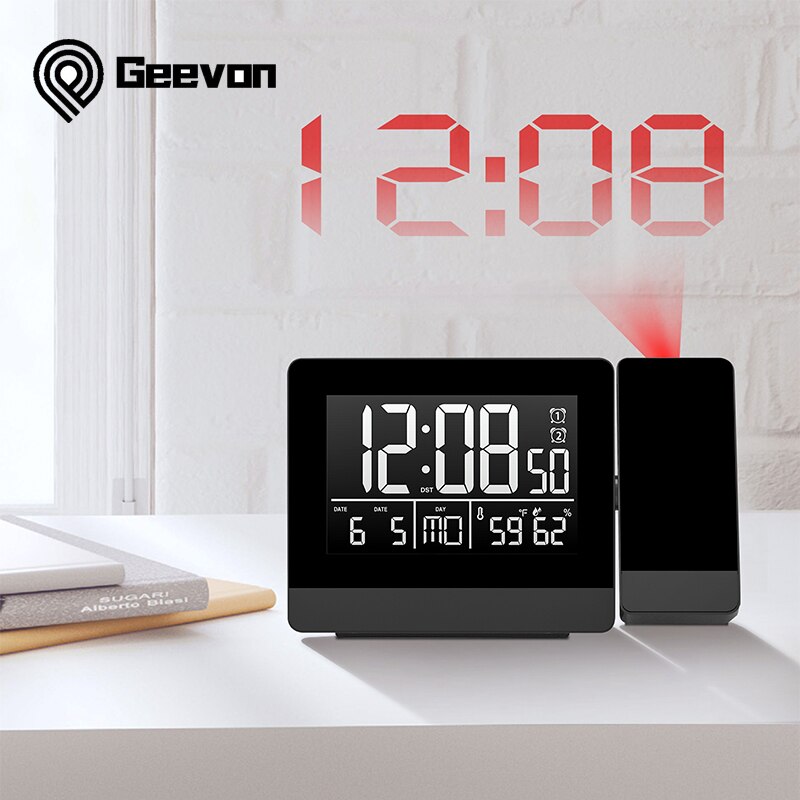 Geevon Projectie Klok Met Temperatuur En Vochtigheid Tafel Horloge Usb Digitale Led Datum Snooze Functie Projector Wekkers