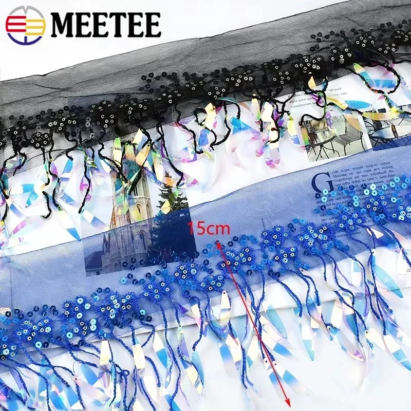 Meetee-flecos de lentejuelas de 15cm, adornos de encaje de malla para coser vestido latino, ropa de boda, recorte de flecos decorativos, 2-10 yardas