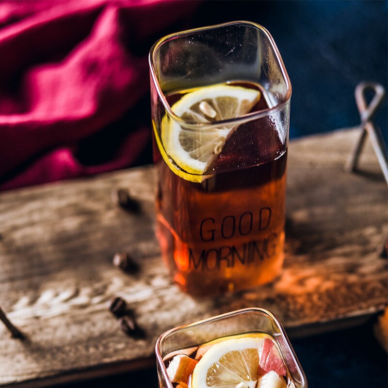 Good Morning 400ml Black White Transparent Square Coffee Tea Drinks Dessert Breakfast Milk Cup Kitchenware Glass Cup