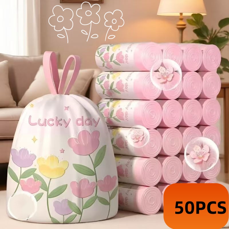 50 stuks grote, dikke vuilniszakken met trekkoord en lavendelgeur - gemaakt van hoogwaardig polyethyleen, multifunctionele wegwerpzakken, geschikt voor keuken, badkamer, slaapkamer, woonkamer en toilet - met roze en gele bloemenprint en de tekst "happy day".: Default Title