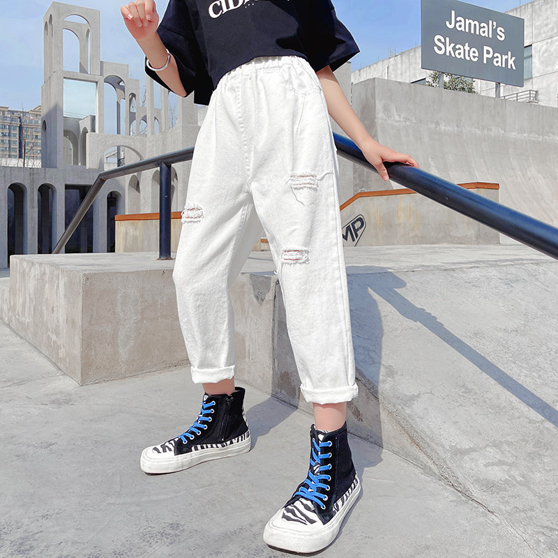 Pantalon en Denim blanc pour adolescentes de 4 à 14 ans, nouvelle de printemps, avec lettres imprimées, Jeans déchirés de Style coréen, vêtements pour enfants,