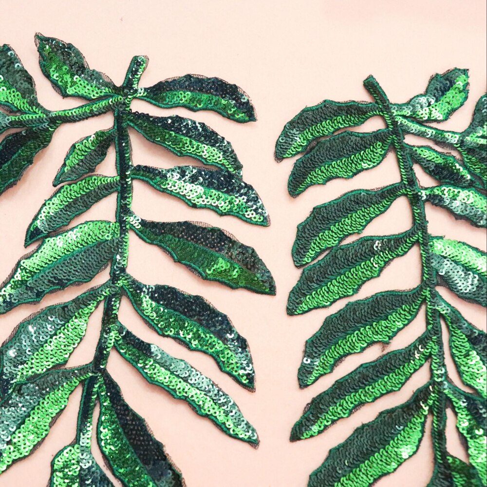 Patchs de feuilles vertes perlées à paillettes, 1 pièce, application en fer sur vêtements