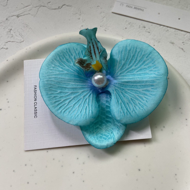 Grampos de cabelo de borboleta de flor de orquídea artificial para mulheres meninas phalaenopsis pérola bico de pato grampos de cabelo acessórios de cabelo: CÉU AZUL