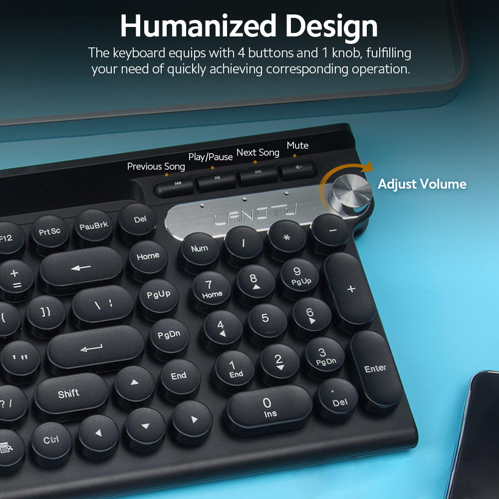 2.4G Keyboard Mouse Combo Quiet Operation Auto Sleep Mode Multifunctional Buttons Retro Round Key Caps Phone Holder