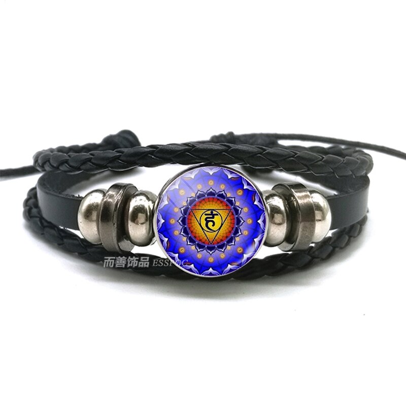 Pulsera de cuentas de 7 Chakras, brazalete de cuero negro con cabujón de cristal para meditación, joyería India para hombres y mujeres