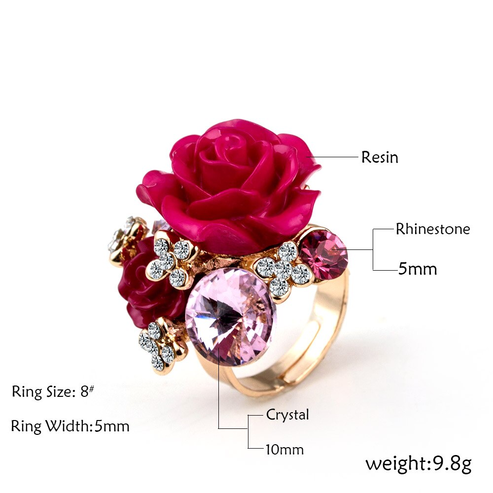 7 farger harpiks krystall rose blomst gull-farge justerbare kvinner bryllup statement fingerringer