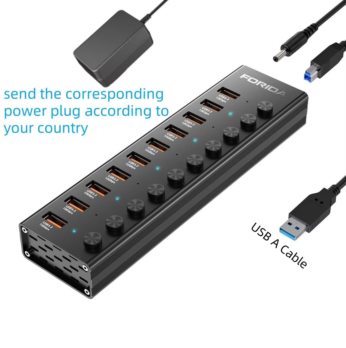 FORIDA 10 puertos USB A 3,2 extensión USB C Hub 10Gbps estaciones de acoplamiento interruptor de encendido/apagado divisor de energía para ordenador portátil Macbook de escritorio: BLANCO
