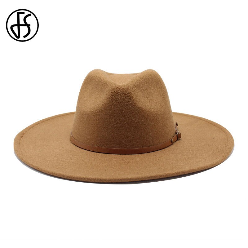 Fs stor imiteret uld fedora hat kvinder mænd filthuer med metal kæde dekor hvid panama trilby cowboy jazz cap chapeau sombrero: Lysebrun
