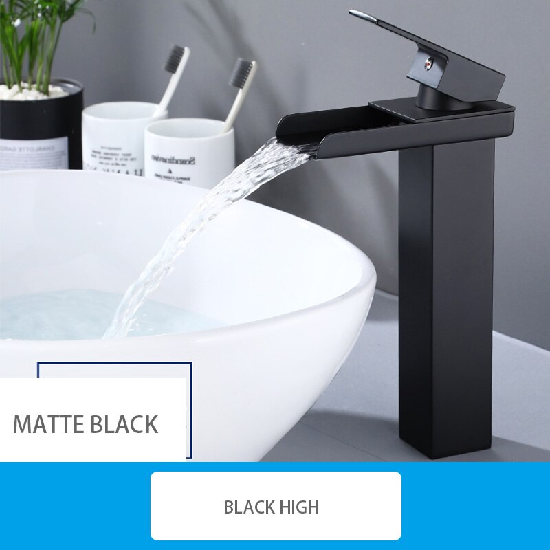 Waterfall Matte Black Deck Mounted Bathroom Basin Mixer Tap Basin Vessel Sink Faucet Cold Water Faucet for Basin Tap: Black High