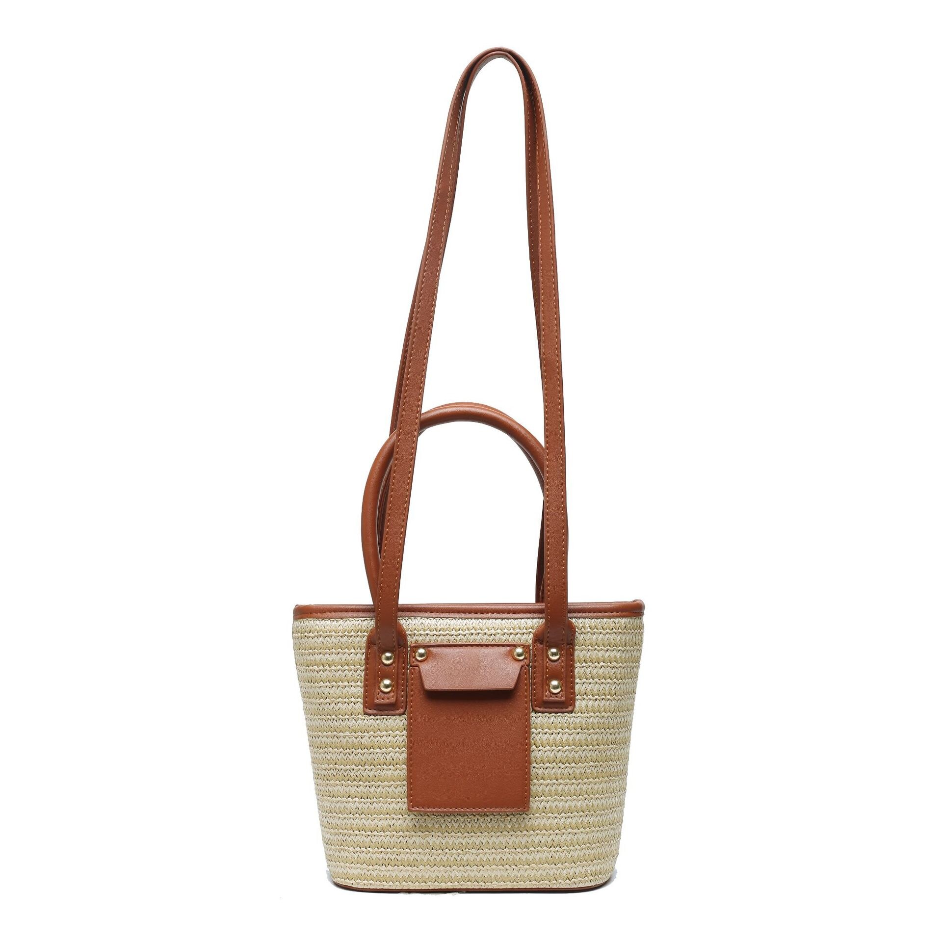 Sacs à main en rotin tissé pour femmes, sacs messenger à épaule, sac de plage d'été en pu patchwork, sacs en paille seau, bourses décontracté