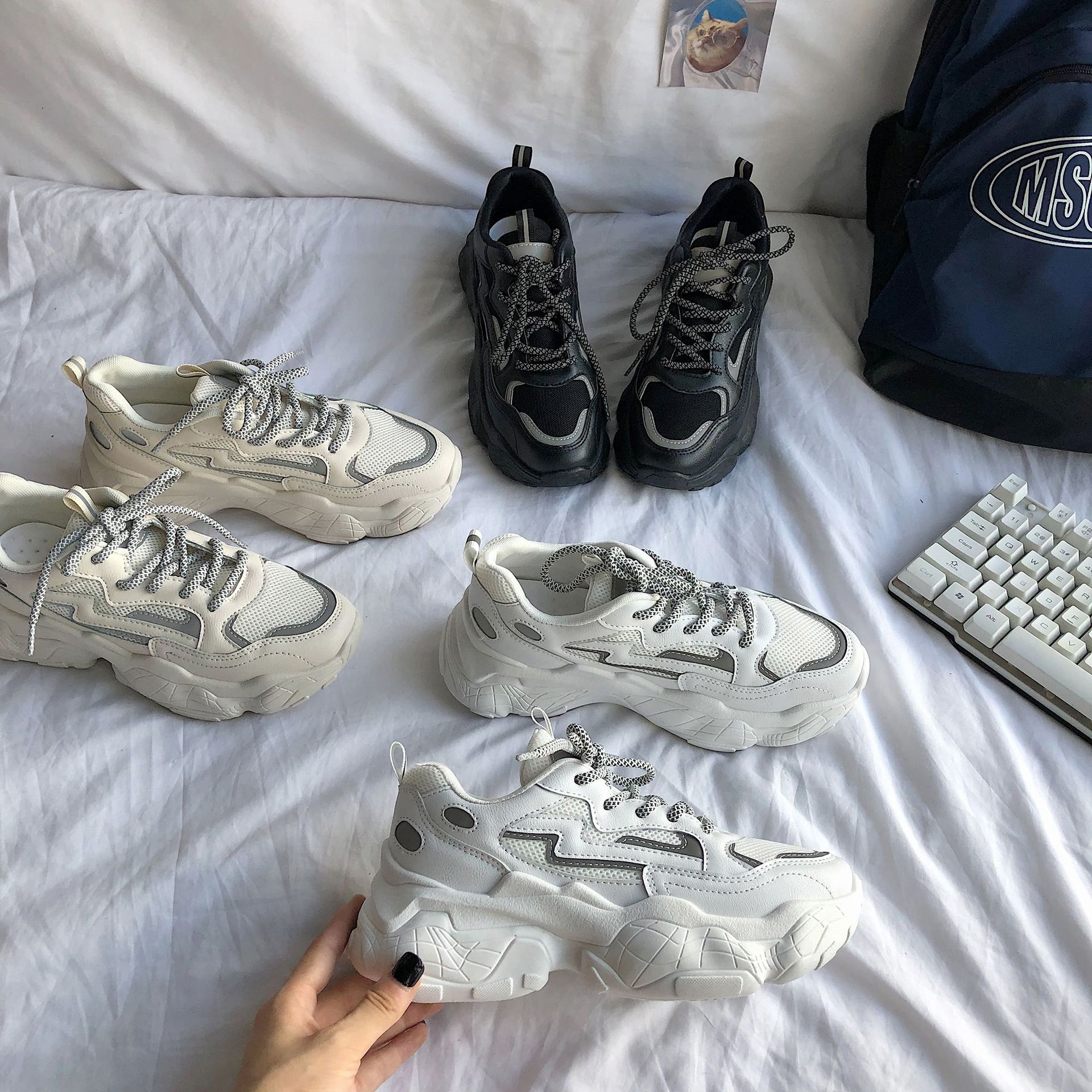 Baskets réfléchissantes femmes maille respirant plate-forme talons compensés chaussures à lacets vulcaniser chaussures femme sport chaussures plates papa chaussures