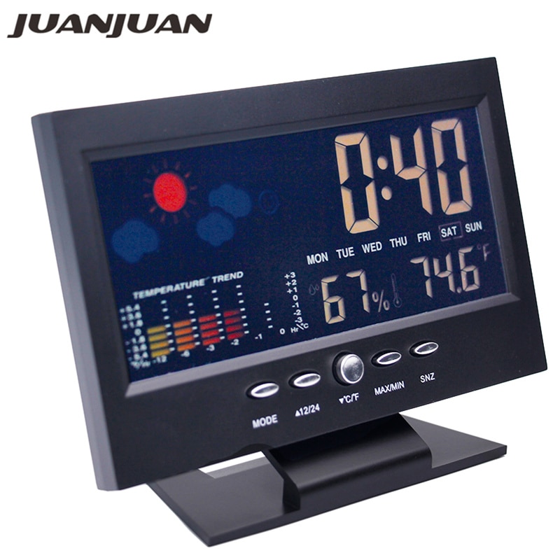 Digital Colorful LCD temperature humidity clock Alarm Function Calendar weather station Thermometer Hygrometer with Base 40% off