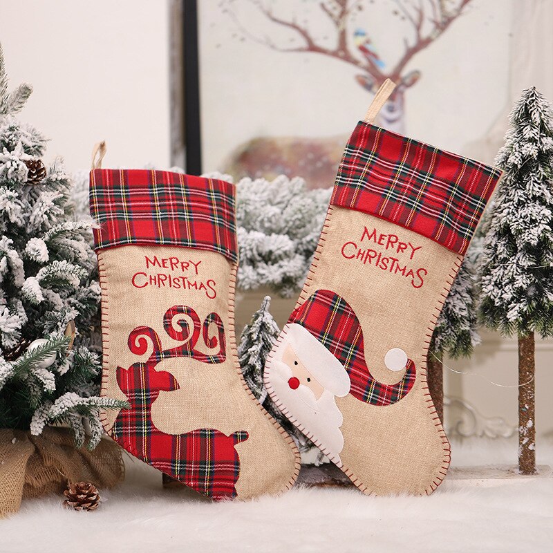 Kerst Sokken Bag Rood Zwart Jute Auto Patroon Sokken Snoepzak Kerstboom Decoraties Hanger