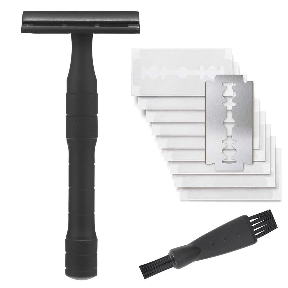 Rasoir de sécurité réutilisable, rasoirs à lame unique pour hommes, avec 10 lames DE rasoir à double bord revêtues de platine, rasoir DE débutant: Black