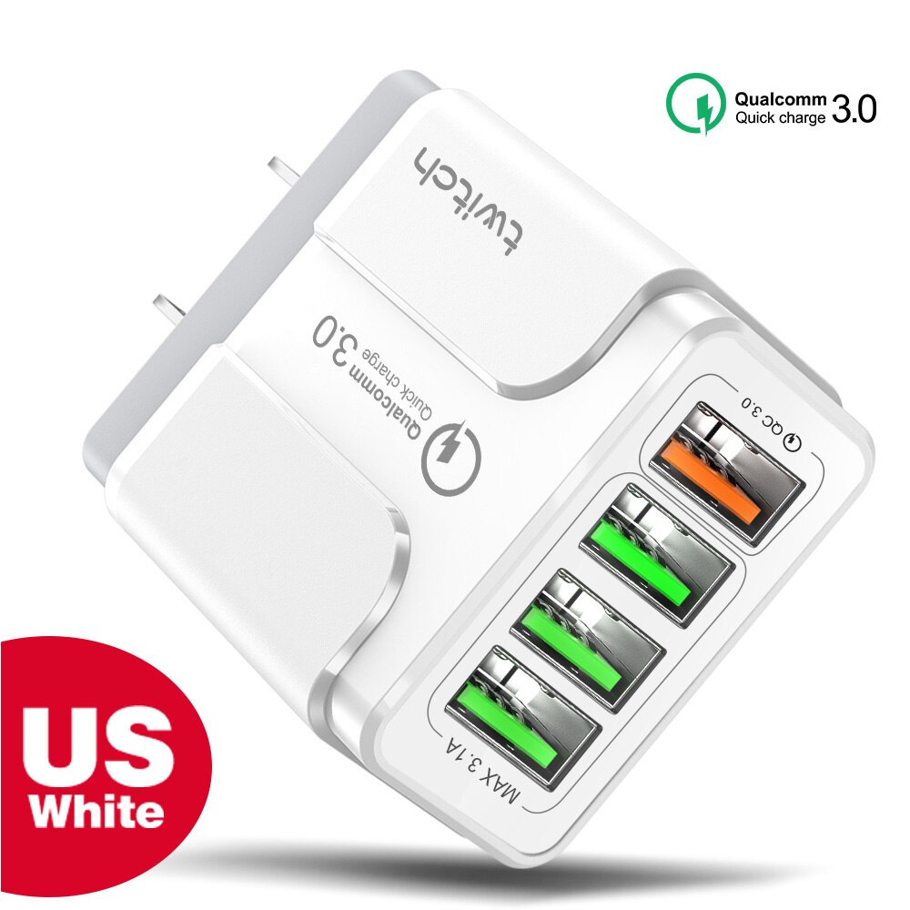 Twitch 3A Quick Charge 3.0 USB Charger EU Plug 4 Ports LED Wall Charger For iPhone XR MAX Fast Charging Head For Samsung Xiaomi: US White