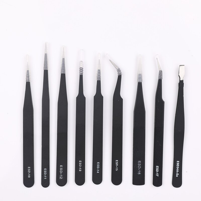 9 pçs esd pinças kit ferramentas precisão antiestático ponta curvada em linha reta pinças de aço inoxidável nipper ferramenta de reparo novo