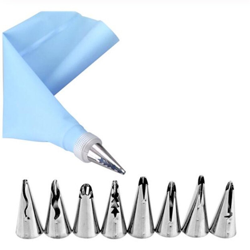 10 Stks/set Wedding Cake Decorating Icing Rvs Russische Nozzles Rok Taart Nozzles Piping Tips Gebak Siliconen Taart Tas: Sky Blue