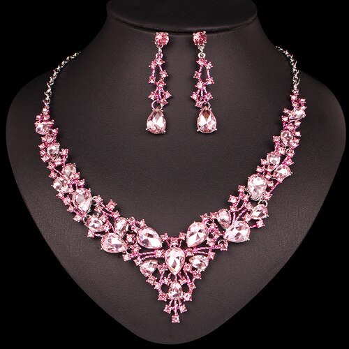 Mode Oostenrijkse Kristallen Oorbellen Ketting Set Indian Bruids Sieraden Sets Wedding Party Kostuum Accessoires voor Bruid Vrouwen: pink in silver