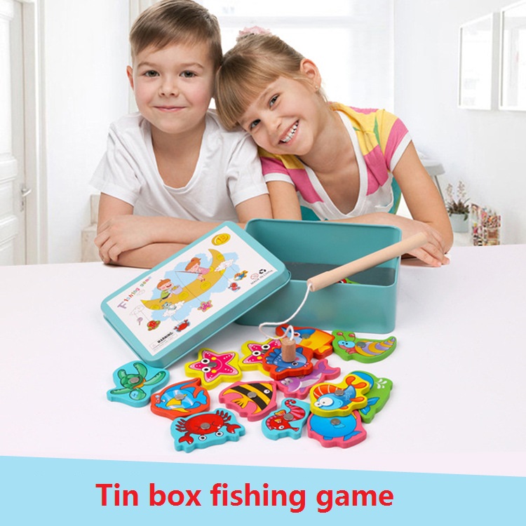 Juego de pesca magnético con caja de lata, bloques de madera, interacción entre padres e hijos, juego de inteligencia para Educación Temprana,