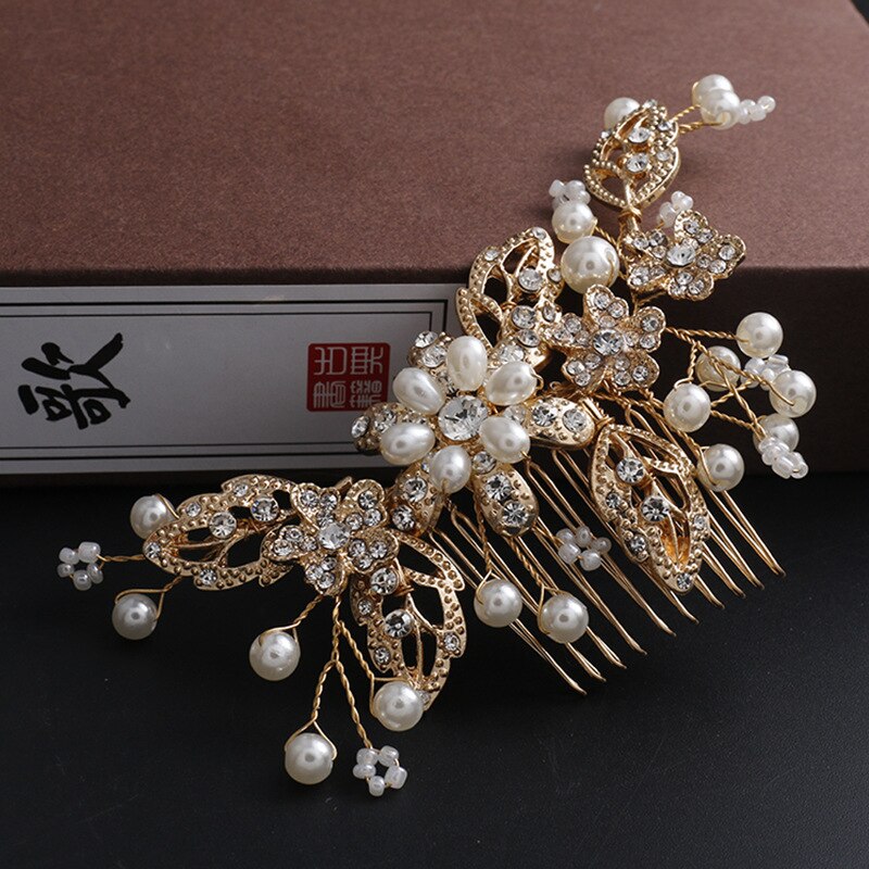 metal Leaves Pearl Mori crepe Hair combs women girls party Headwear bride headpiece: small size