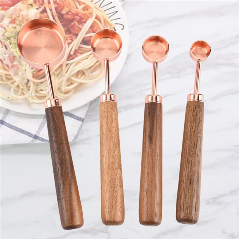 Rose Gold Measuring Cups And Spoons Set Teaspoon Wood Handle Copper Pink Kitchen Milk Coffee Cake Baking Measuring Spoon