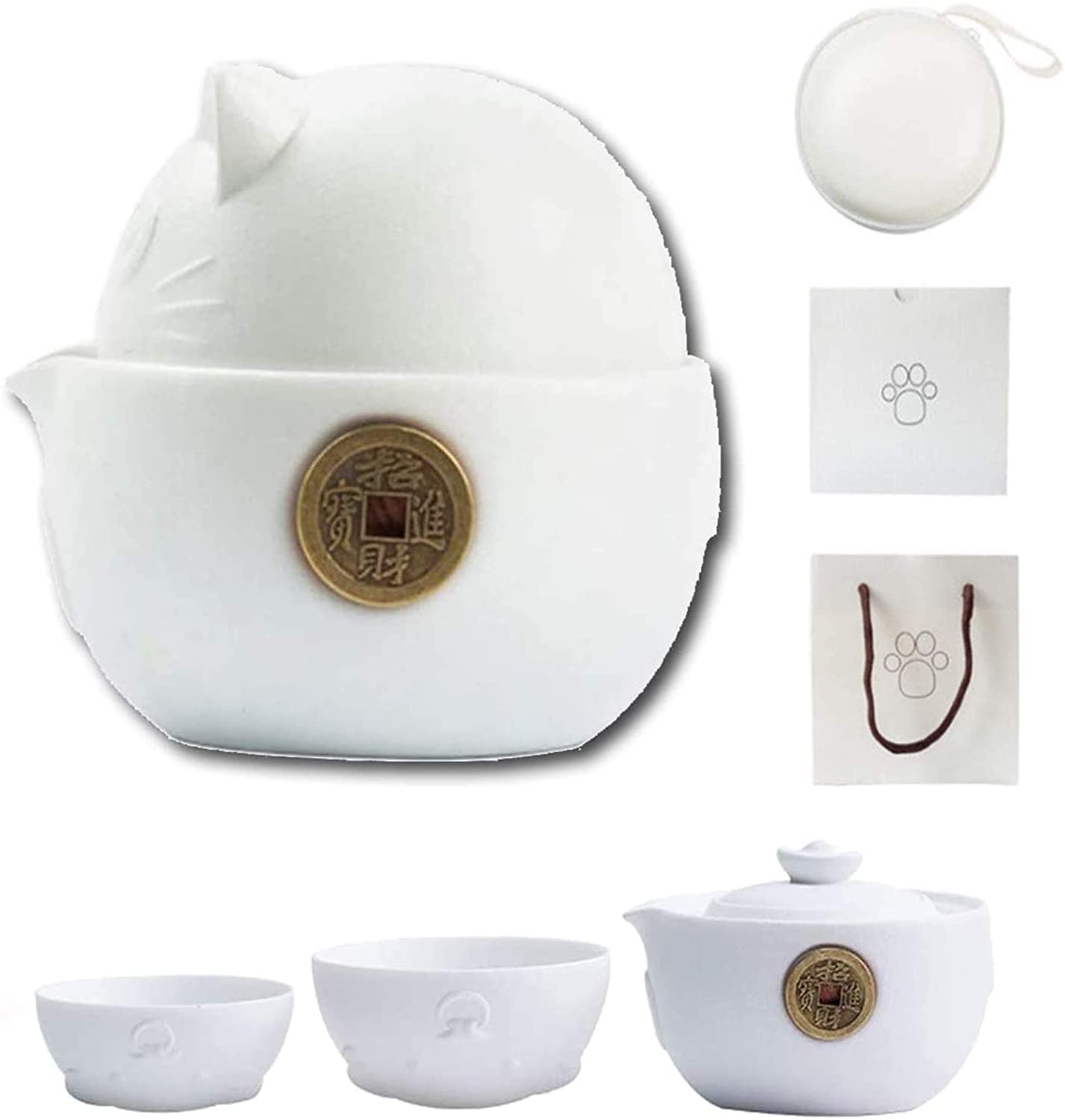 Service à thé Portable en céramique série chat, théière Kung Fu chinoise Anti-brûlure avec sac de voyage, Pots à thé et tasses à thé pour la maison: White