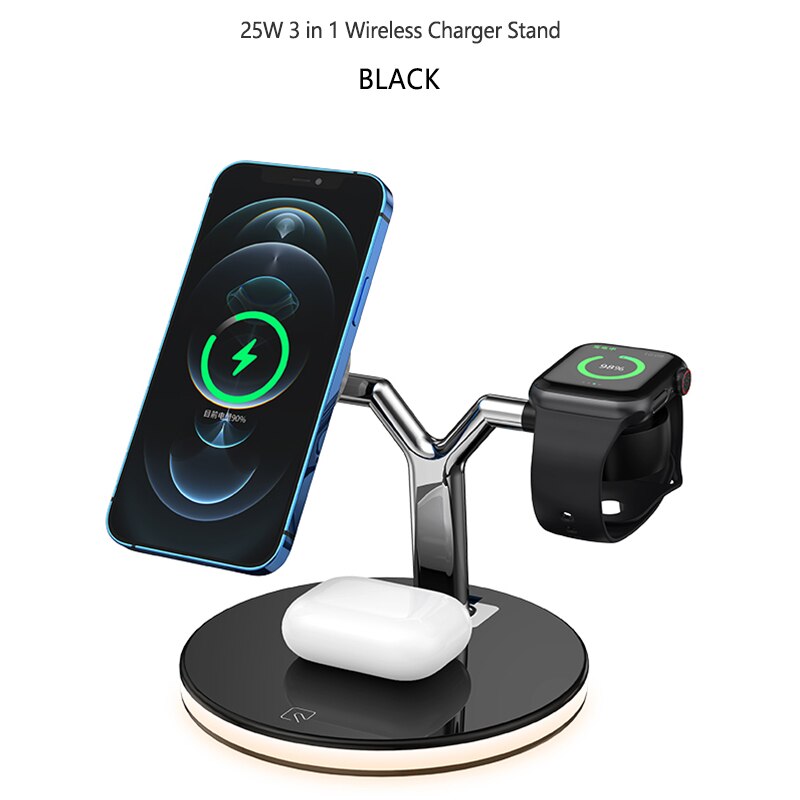 25w 3 in- 1 magnetisches kabelloses lade-nachtlicht für iphone 12 pro max 11 x kabelloses laden für apple watch 6 5 airpods /2 4: Schwarz