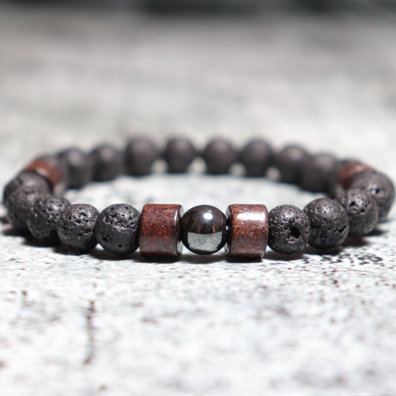 Grânulos de pedra natural do vintage pulseira de lava moda pulseira de madeira artesanal para homens yoga biker braçadeira jóias bileklik homme
