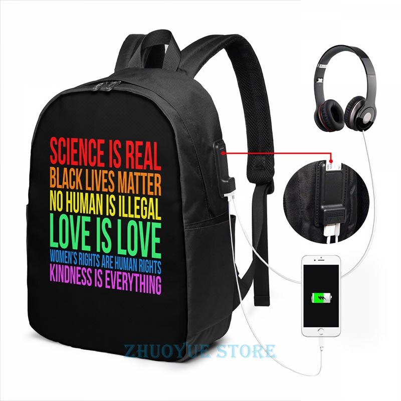 Liefde Vriendelijkheid Wetenschap Zwart Leven Lgbt Gelijkheid Usb Lading Rugzak Mannen Schooltassen Vrouwen Tas Reizen Laptoptas: USB Backpack 17 in