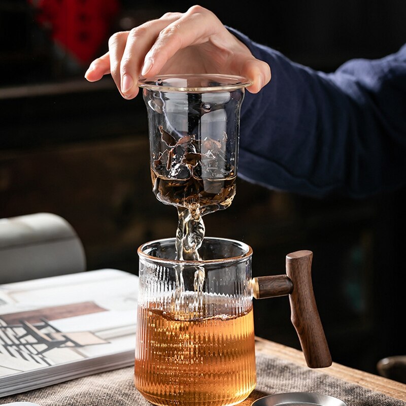 Tasse à thé en verre Borosilicate avec poignée en bois, avec couvercle, filtre, résistant à la chaleur, tasse à café, pour la cuisine et le bureau