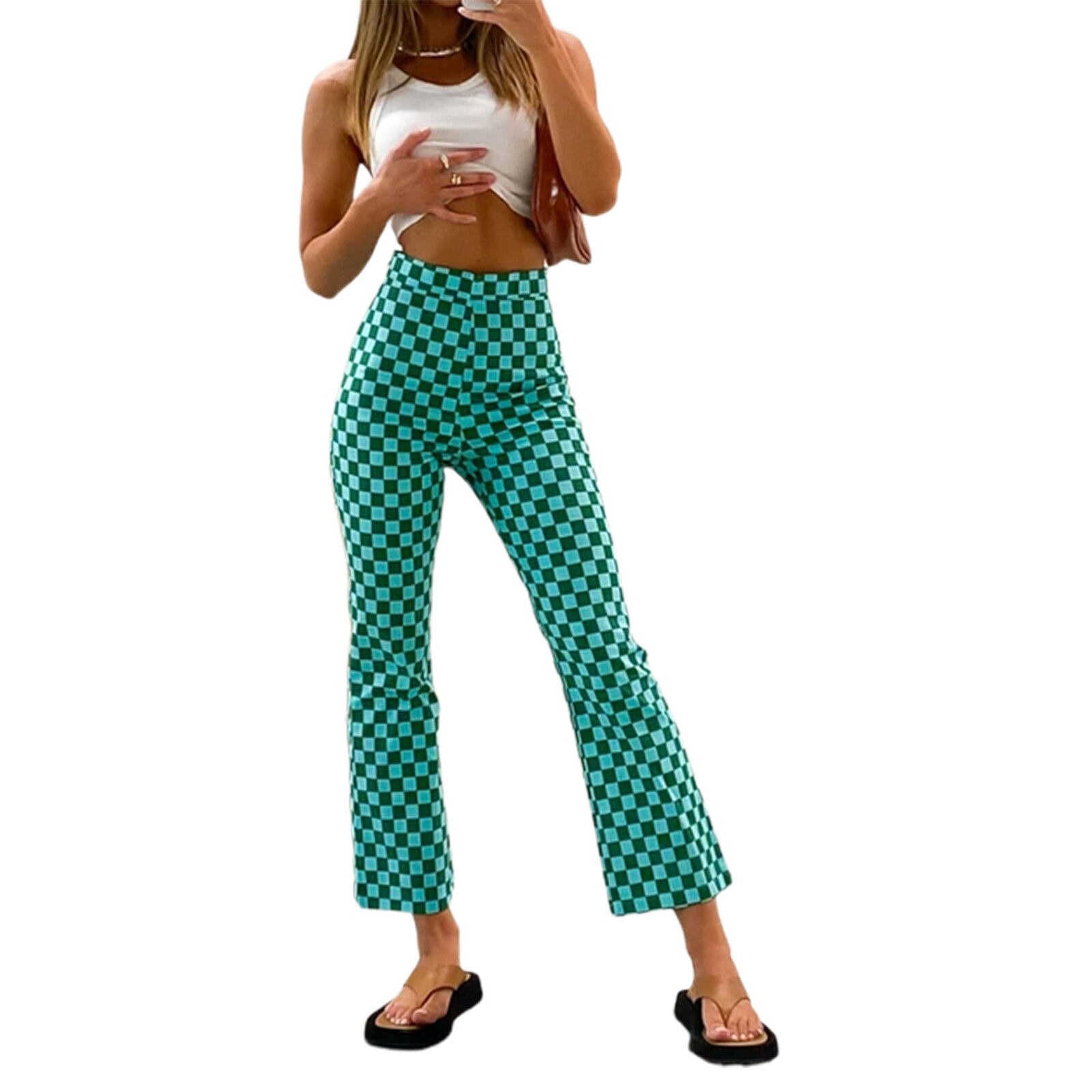 Vrouwen Casual Skinny Broek Klassieke Hoge Taille Plaid Gedrukt Slim Fit Flare Broek Mode: green / S