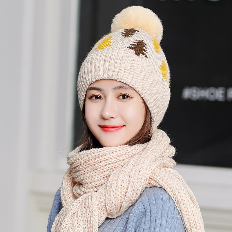Dames winter sjaal muts set dames gebreide warme dikke roze mutsen mutsen met pompon dames effen kerstboom lange sjaals rood: Beige