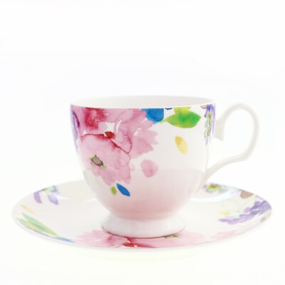 Keramiske kopper og underkopper sæt blomstertrykt på glaseret benporcelæn kaffekop fødselsdag enkel stil underkop: -en