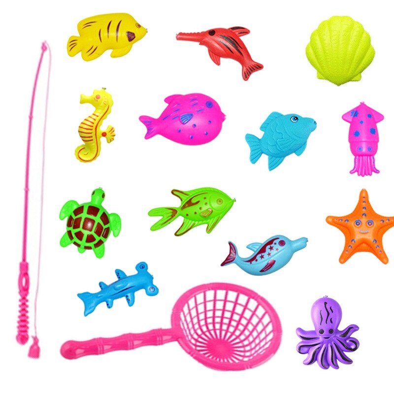Juego de juguetes de peces con piscina inflable para niños, juguete de pesca magnético, Red de caña para niños, modelo para jugar, pesca, juegos al aire libre: 15pcs
