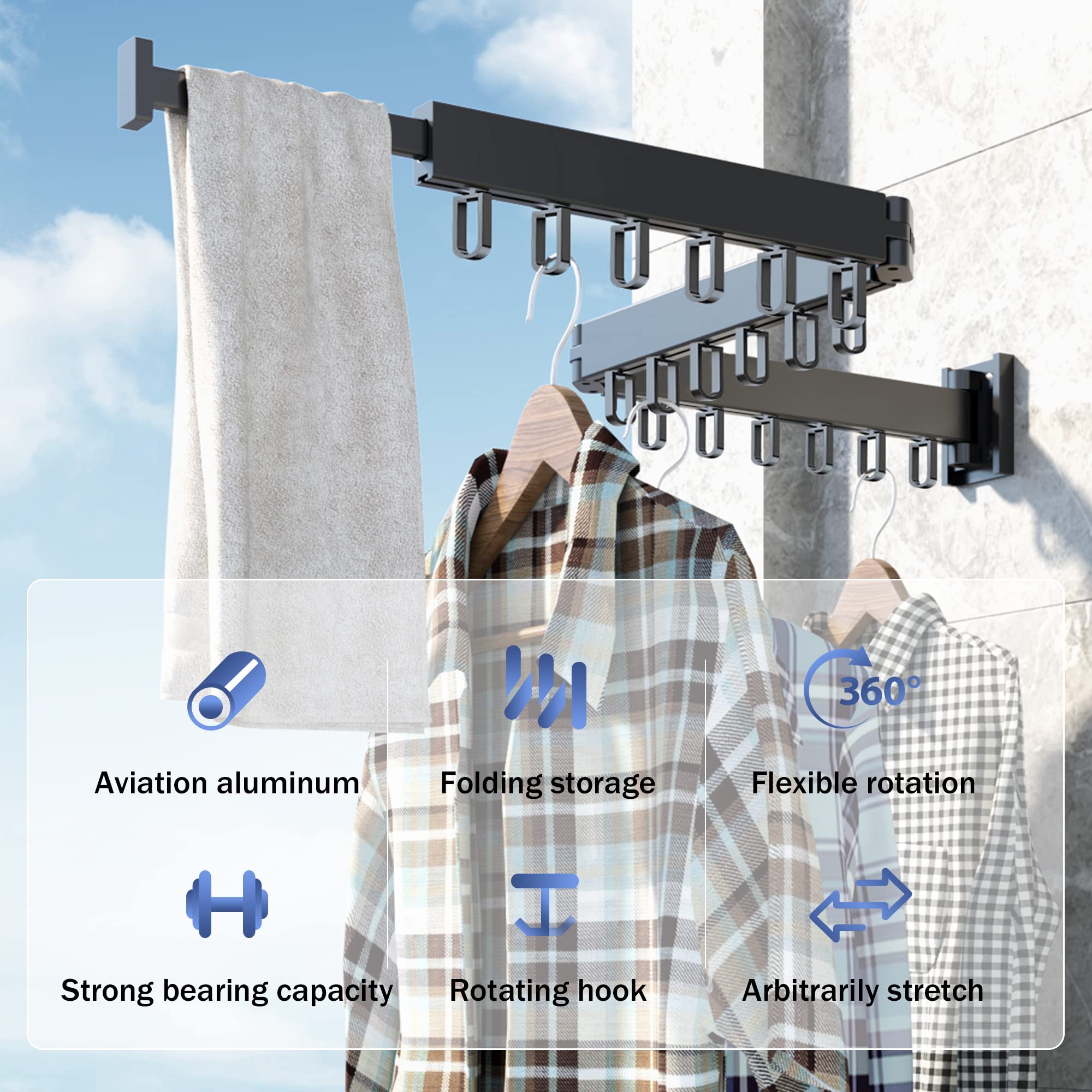 1.2m Folding Clothes Hanger Wall Mount Retractable Cloth Drying Rack Indoor &amp; Outdoor Space Save Aluminum Home Hotel Clothesline