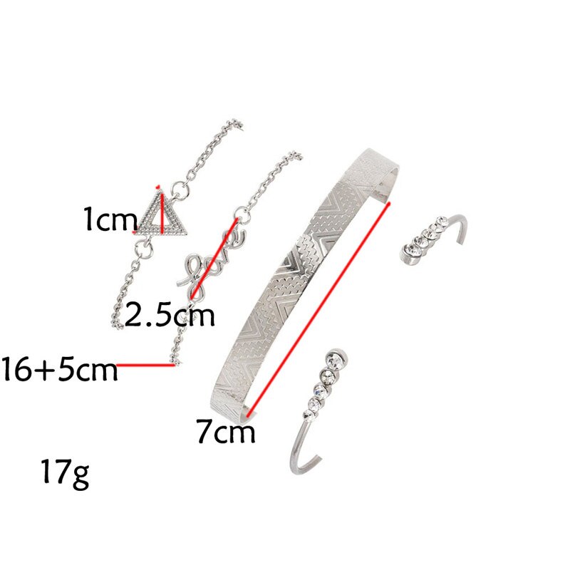 4 Stks/set Vintage Graveren Patroon Brief Liefde Crystal Driehoek Opening Armbanden Voor Vrouwen Lady Jewelry