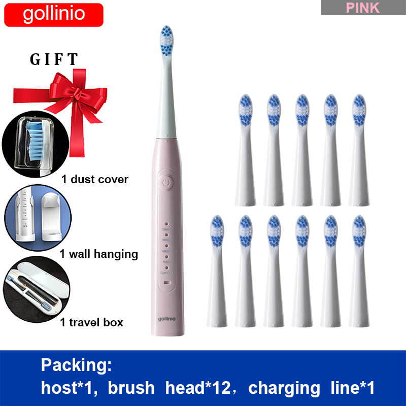 Gollinio-cepillo de dientes eléctrico recargable por Usb, dispositivo dental electrónico de carga rápida GL09A, cabezal de repuesto sónico, resistente al agua, xp7: GL09PINK12H-HB