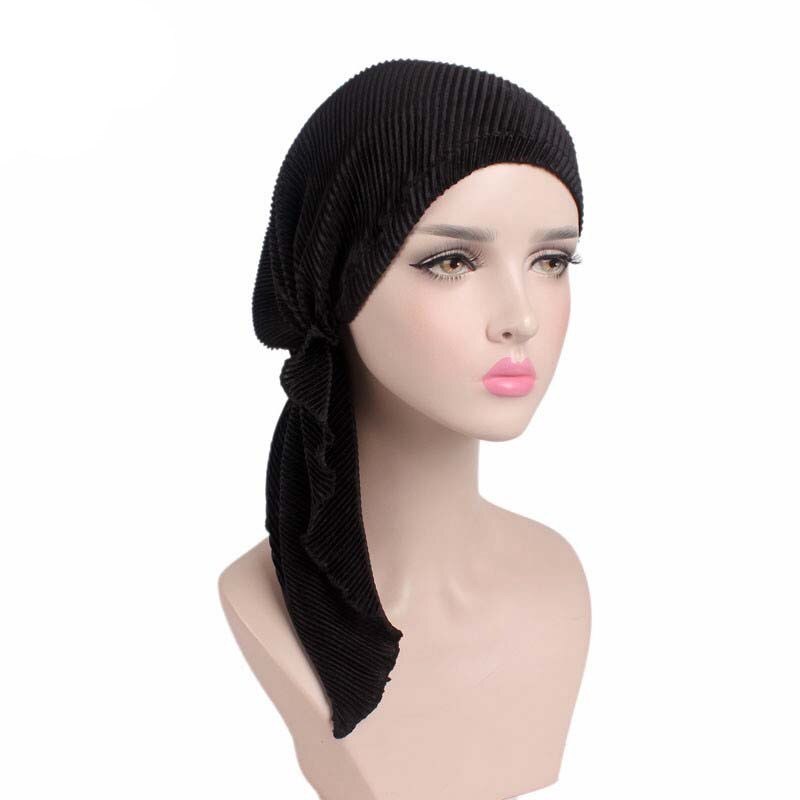 Moslims vrouwen ruches tulband hoed hoofddoek kanker chemo mutsen chemotherapie petten bandana hoofddeksels hoofddoek haaruitval bedekking: Zwart