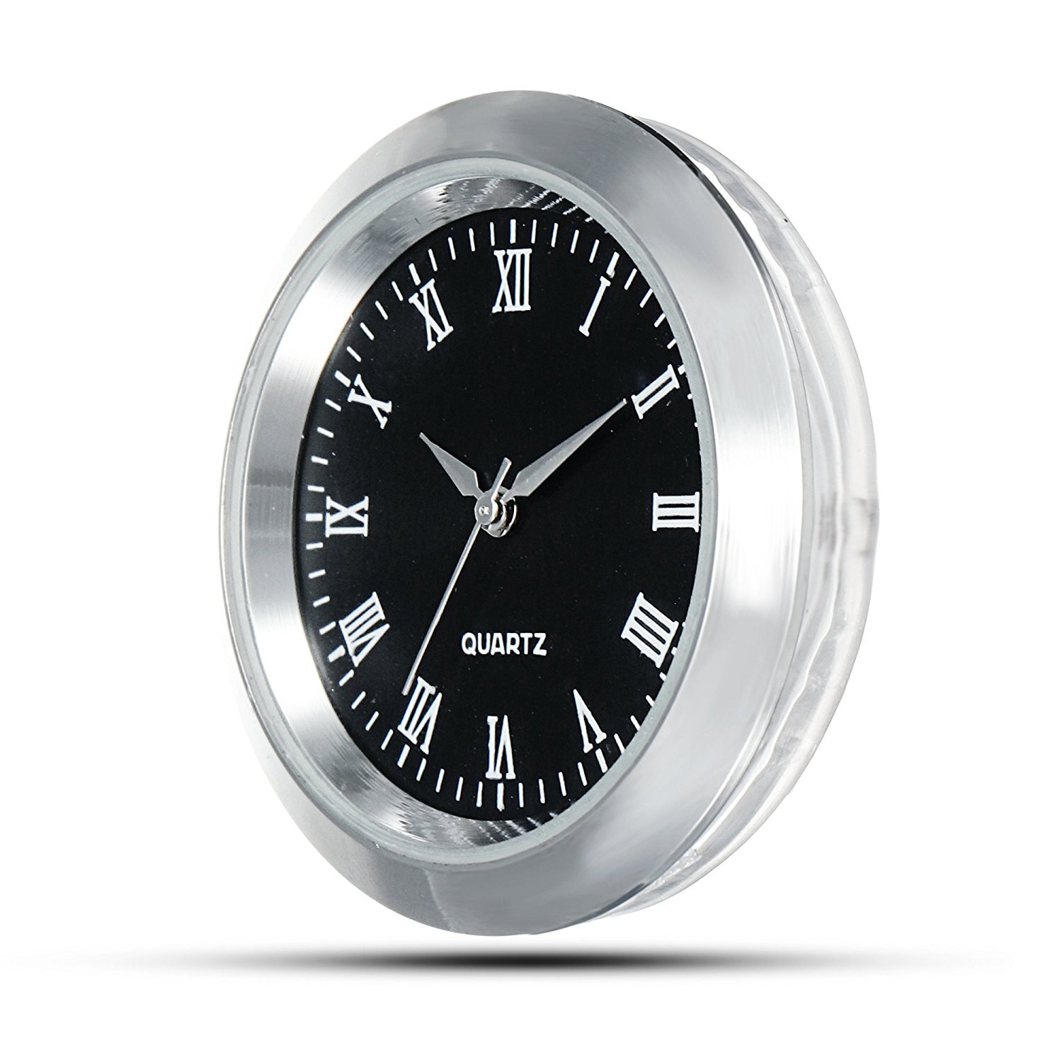 Mini Clock Insert Quartz Movement Round 1 7/16" (35mm) Miniature Clock Fit Up Black Face Silver Tone Bezel Roman Numerals