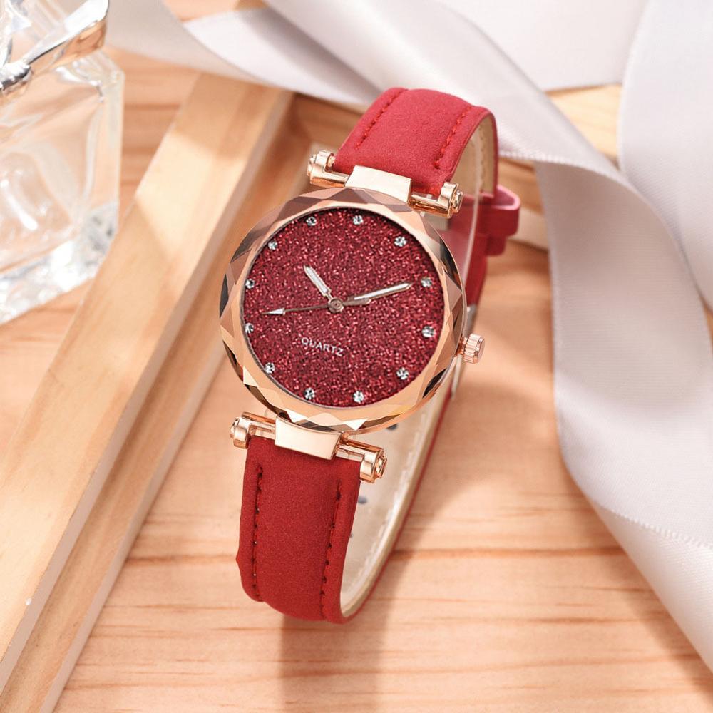 Dameur rhinestone romantisk stjernehimmel armbåndsur dame læderur ur til kvinder relogio feminino montre femme: Rød