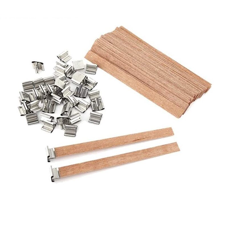 Mechas para velas de madera, mecha de madera Natural con soporte de hierro mecha ambiental para fabricación de velas y velas DIY Craft 100 Uds: Default Title