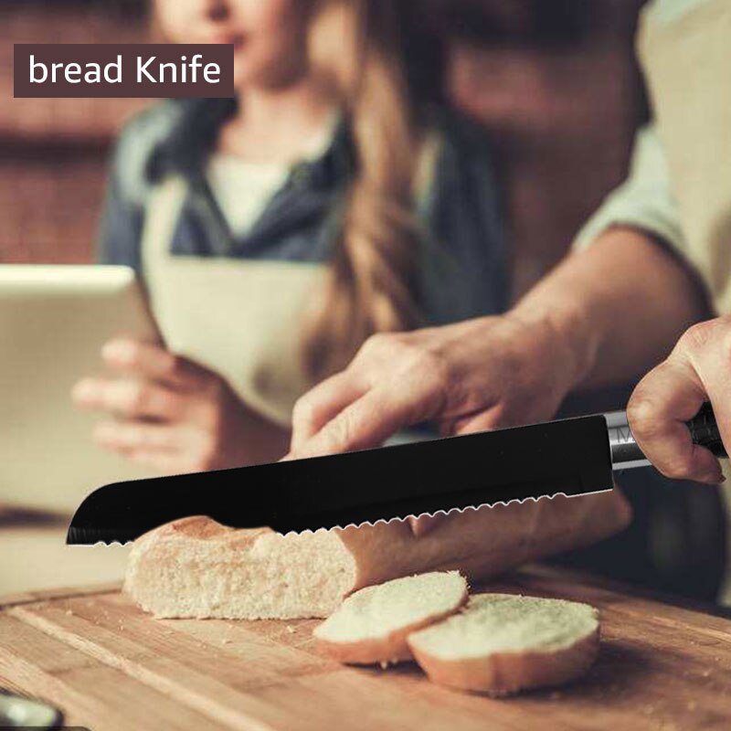 Chef Knives Set Stainless Steel Paring Utility Santoku Chef Slicing Bread Knives Black Blade Kitchen Accessories Set Tools