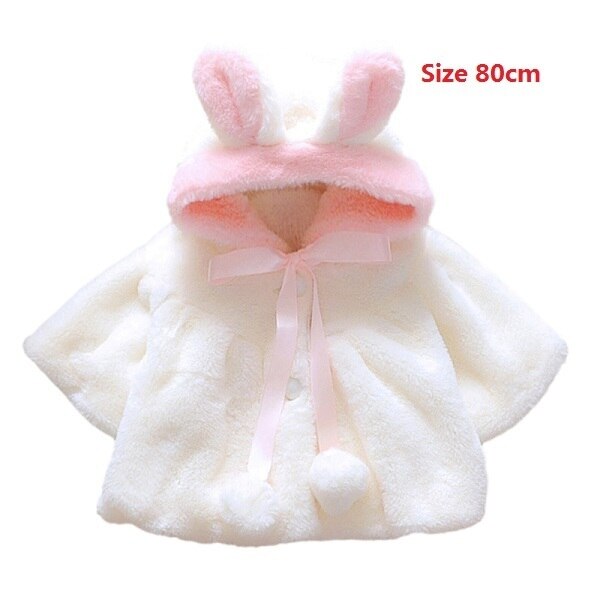 Baby Girl Cartoon Winter Coat with Cute Rabbit Ear Hoodie Warm Soft Coat Jacket Princess Pink Clothes for 0-24Months: White-80cm