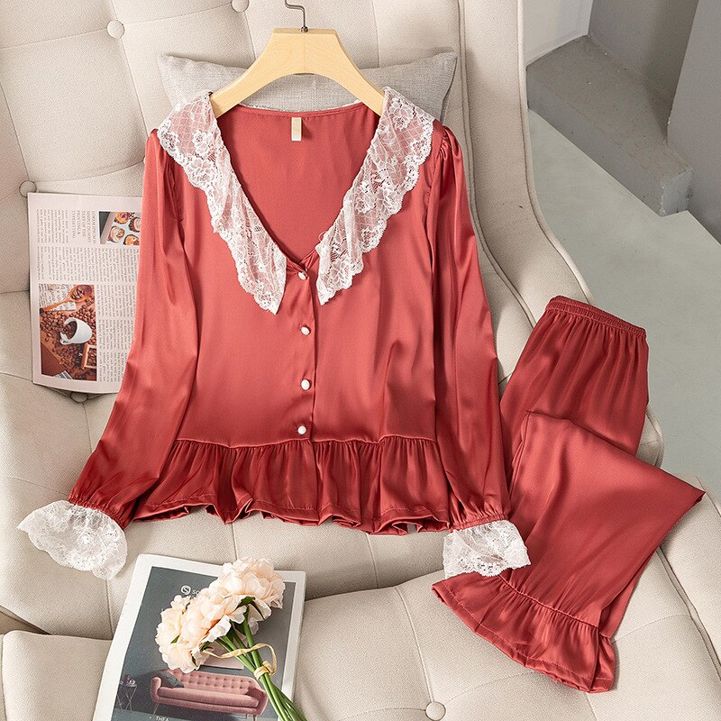 Fdfklak Korean Solid Color Lace Silk Pajamas-Set Autumn Flared Long-Sleeved Thin Nighty-Suit White/Red Sleepwear: red / M