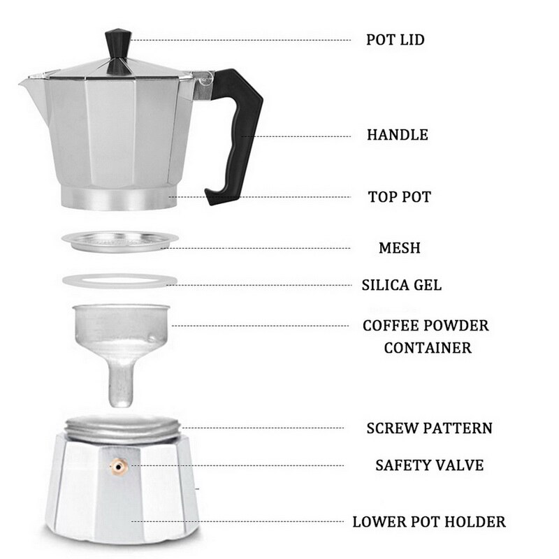 50/100/150/300/450/600ml Mocha Coffee Maker Portable Aluminum Percolator Home Office Mocha Pot Durable Espresso Maker