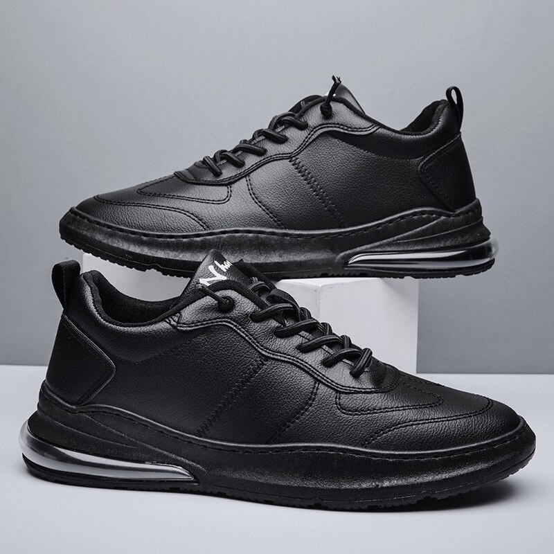 Aizhetu læder sneakers fritidssko mænd hvide sneakers flade snørebånd komfort sneakers sportssko mand: Sort / 7