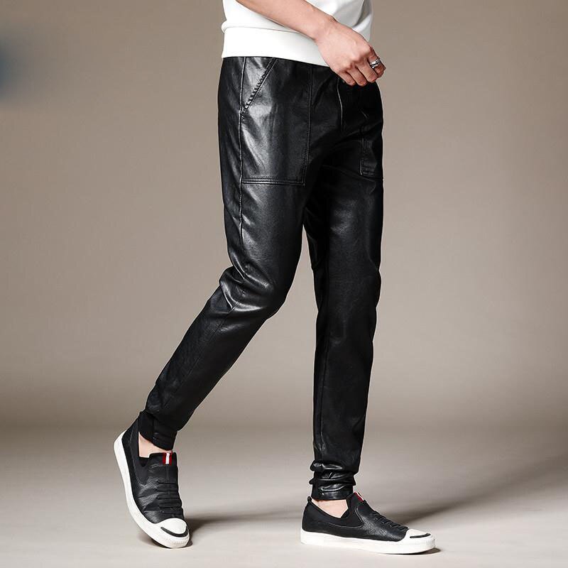 Idopy-pantalones bombachos de piel sintética para hombre, pantalón informal, coreano, de PU, cómodo, con cintura elástica, de cuero negro