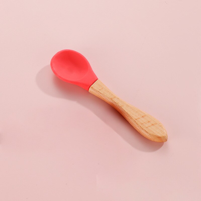 Feeding Wooden Handle Silicone Spoon For Baby Utensils Eat Soild Food Kids Training Manipulative Ability Children's Tableware: Red